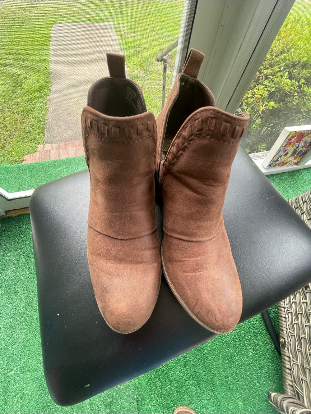 Hot Tomato Brown Suede Ankle Booties with Stitch Trim